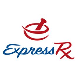 Logo with a red mortar and pestle, "ExpressRx" in blue and red cursive font.
