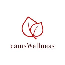 Red leaf logo with "camsWellness" text below on a white background.