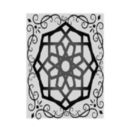 Ornate geometric pattern in black with swirling floral elements on a gray background.