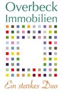 Text: "Overbeck Immobilien. Ein starkes Duo" mit buntem Quadratmuster.