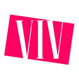 Ein schräges, pinkes Rechteck mit weißen Buchstaben "VIV".