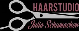 Logo mit grauer Schere und Text "Haarstudio Julia Schumacher" in Rosa auf schwarzem Hintergrund.