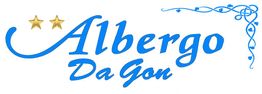 Logo con scritta "Albergo Da Gon" in blu, due stelle e decorazioni floreali a destra.