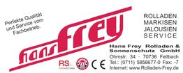 Logo von Hans Frey Rolladen GmbH mit Kontaktinfos und Fachbetrieb Hinweis.