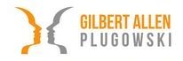 Zwei stilisierte Gesichter im Profil, mit Text "Gilbert Allen Plugowski" in Orange und Grau.