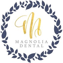 Logo of Magnolia Dental with gold initials, encircled by a dark blue leaf wreath.