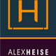 Logo von Alex Heise Design mit orangefarbenem "H" und Text zu digitalen und Druckmedien.