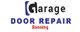 Garage Door Repair Banning logo with blue and black text.