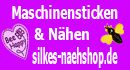 Werbung für Maschinensticken und Nähen, mit Biene und „Bee Happy“-Herz.