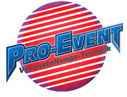 Logo: "Pro-Event Veranstaltungstechnik" vor rotem Kreis mit diagonalen weißen Streifen.