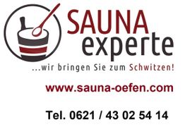 Logo von "SAUNA experte" mit Webseite und Telefonnummer für Saunadienstleistungen.