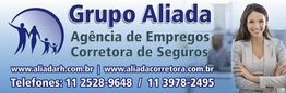 Banner do Grupo Aliada: Agência de Empregos e Corretores, com contatos e imagem de uma mulher sorrindo.