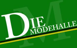Grüner Hintergrund mit großem "DIE MODEHALLE"-Schriftzug in Weiß.