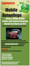Werbung für mobile Autopflege mit Innen- und Außenreinigung, Dampfwäsche und Kontaktinfos.
