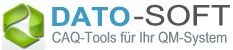 Logo von Dato-Soft: "CAQ-Tools für Ihr QM-System" in Blau und Schwarz mit grünem hexagonalen Symbol.
