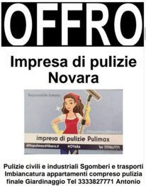 Annuncio di impresa di pulizie a Novara, contatti e servizi offerti, con disegno di donna in divisa.