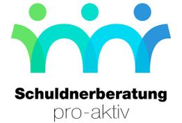 Logo der Schuldnerberatung pro-aktiv mit stilisierten Figuren in Grün und Blau.
