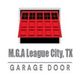 Logo showing a red garage door, text "M.G.A League City, TX, Garage Door."