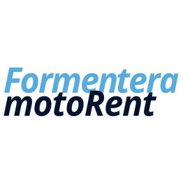 Logo de "Formentera motoRent" en letras azules y negras sobre fondo blanco.
