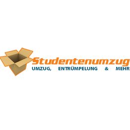 Offener Karton mit Schriftzug "Studentenumzug: Umzug, Entrümpelung & mehr" in Orange und Blau.