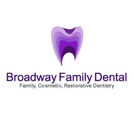 Logo of Broadway Family Dental with a purple tooth design.