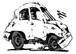 Zeichnung eines beschädigten Autos, das auf eine Karikatur hindeutet.
