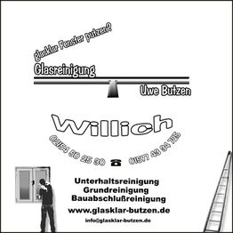 Werbung für Glasreinigung in Willich mit Kontaktinfos und Abbildung eines Fensters.