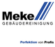 Logo von "Meke Gebäudereinigung" mit Slogan "Perfektion von Profis" in Blau und Schwarz.
