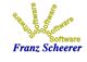 Grafik mit 5 gelben "Software"-Wörtern in Handform und blauem "Franz Scheerer"-Text darunter.