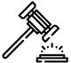 Gavel striking a sound block, symbolizing justice or auction, with lines indicating impact.