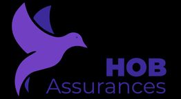 Logo violet de HOB Assurances avec une colombe stylisée sur fond noir.