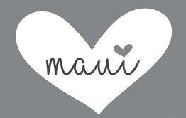 Corazón blanco en fondo gris con la palabra "maui" y un pequeño corazón gris.