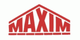Logo mit rotem Schriftzug "MAXIM" in Dreiecksform.