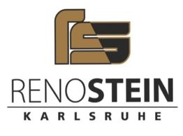 Logo von RENO STEIN Karlsruhe mit braun-schwarzem Grafikdesign darüber.
