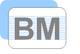 Graue Buchstaben "BM" auf einem weißen Rechteck mit blauen Linien, blauer Schatten im Hintergrund.