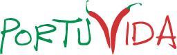Grüner und roter Schriftzug "PORTU VIDA" mit Chilischoten als "V".
