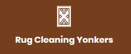 Logo with a rug icon and text: "Rug Cleaning Yonkers" on a brown background.