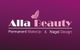 Lila Logo mit Schriftzug "Alla Beauty" und einem Schmetterling, Text zu Permanent MakeUp und Nageldesign.