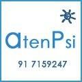 Logo con texto "AtenPsi" y número "91 7159247" con un sol en la esquina superior derecha.