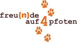 Text "freu(n)de auf 4 pfoten" mit orangefarbenen Pfotenabdrücken.