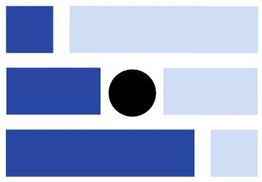 Abstraktes Design: Dunkelblaue, hellblaue Balken und schwarzer Kreis.