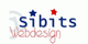 Logo mit Schriftzug "sibits Webdesign", darüber blaue und rote Sterne.