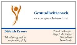 Visitenkarte eines Gesundheitscoachs mit Kontaktdaten und Angeboten in Yoga, Meditation, Gesundheit.