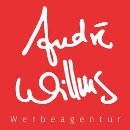 Rotes Logo mit weißer Schrift "André Willms Werbeagentur".