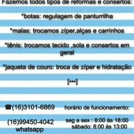 Serviços de conserto e reforma de roupas e acessórios com contato e horários de atendimento.