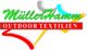 Logo mit Text: "Müller Hamm OUTDOOR TEXTILIEN". Buntes Design mit roten, gelben und grauen Linien.