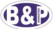 Logo mit Text "B&P Marketing" in lila und weißem Oval.