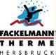 Logo der Fackelmann Therme Hersbruck mit blauer Figur und roter Linie.