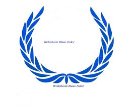 Blaues Lorbeerkranz-Emblem mit dem Text "Wohnheim Blaue Feder" oben und unten.
