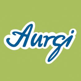 Texto "Aurgi" en azul y cursiva sobre fondo verde claro.